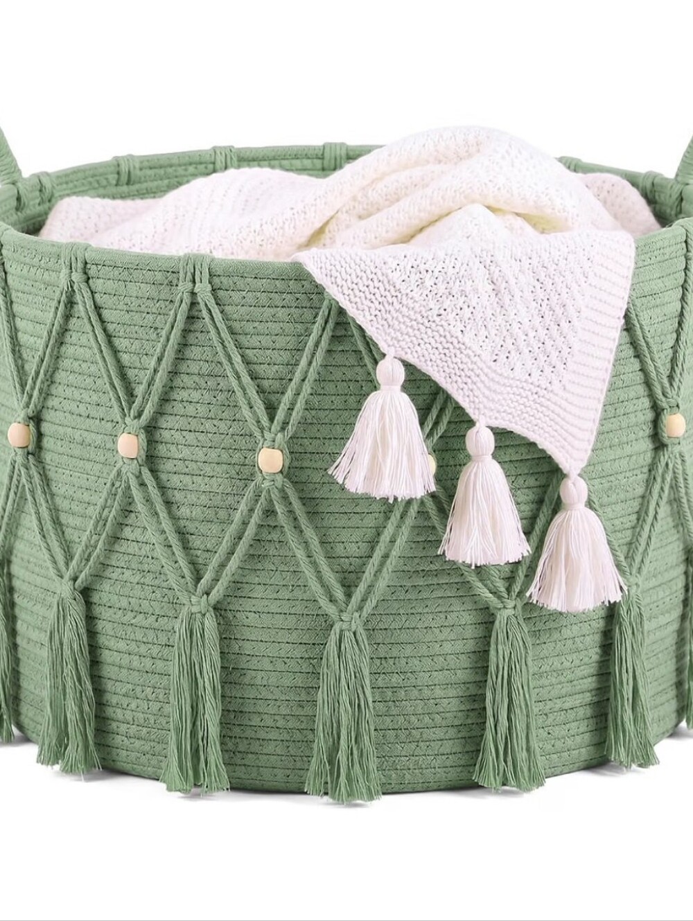 Boho Blanket Basket Sage Green with Tassel And Macrame Accents